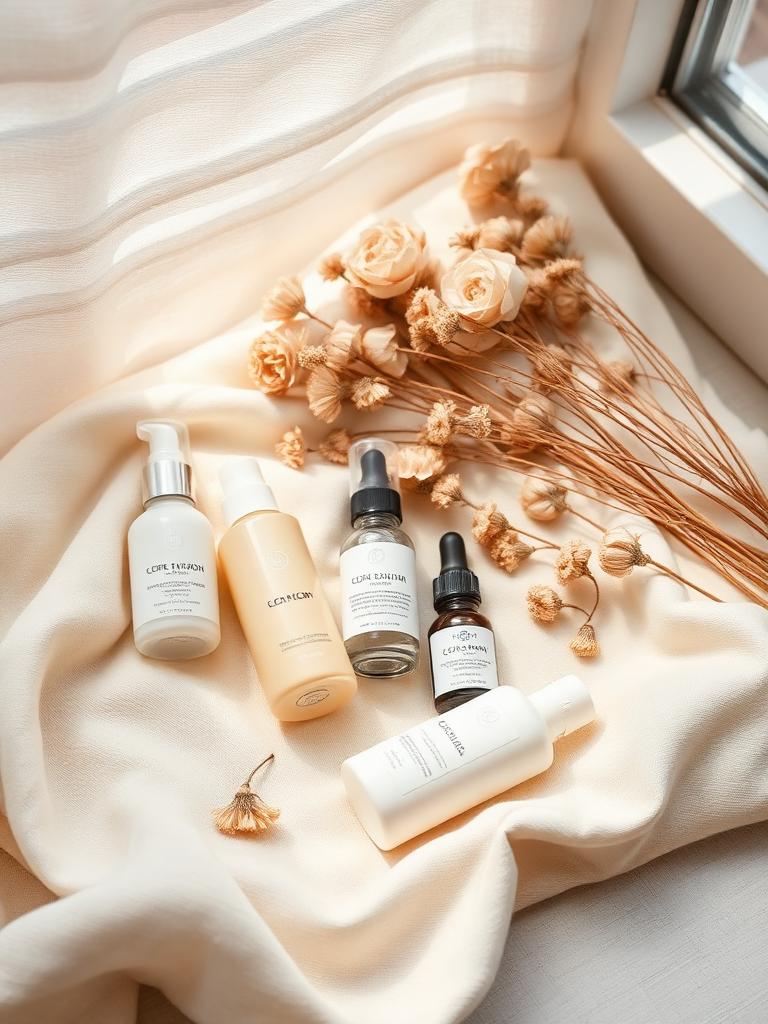 Skincare flat lay on linen